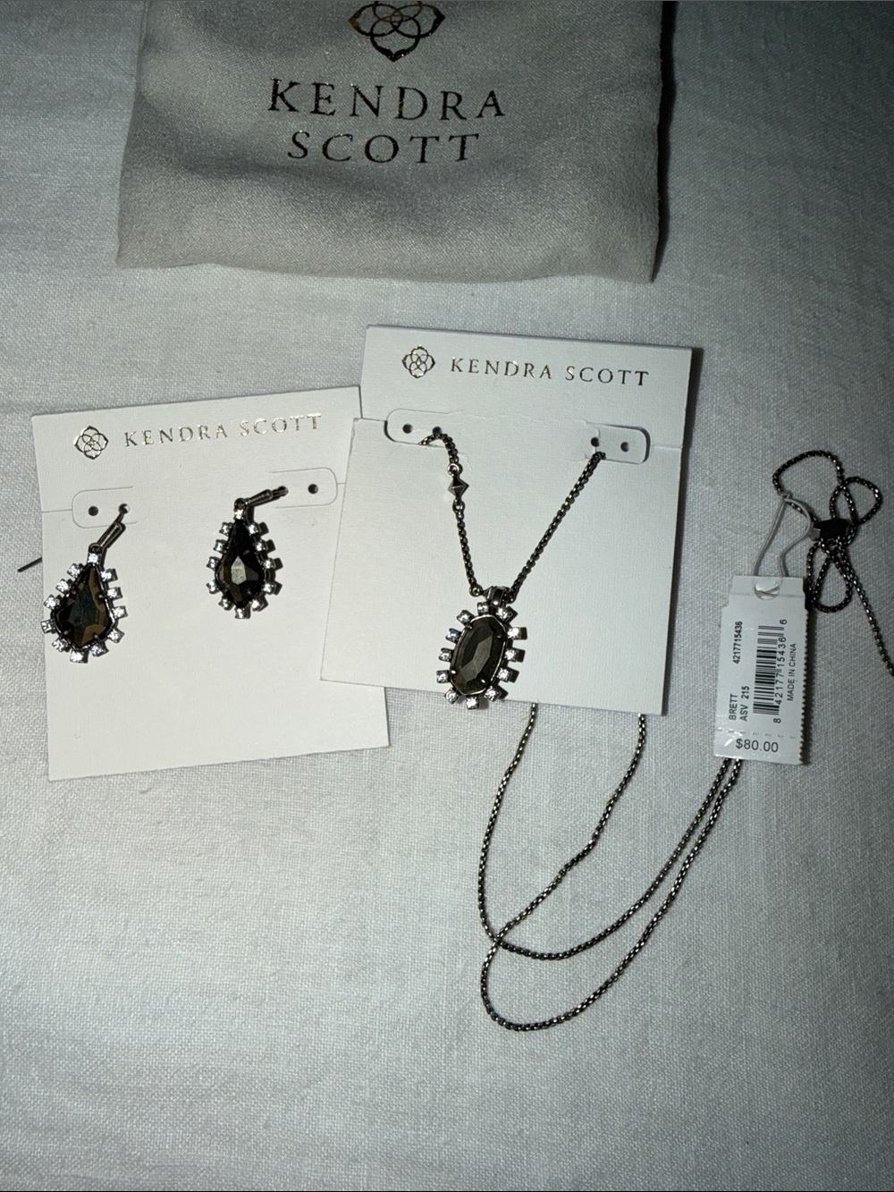 Kendra Scott Hematite Teardrop Crystal Necklace and Earrings Set
